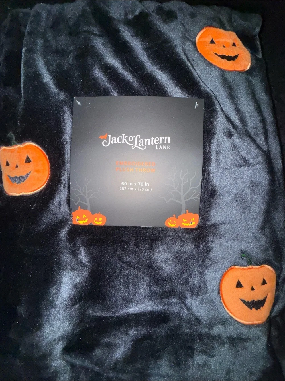 NEW Jack O'Lantern Lane Black FUZZY EMBROIDERED Pumpkin Patch Plush 60x70” Throw